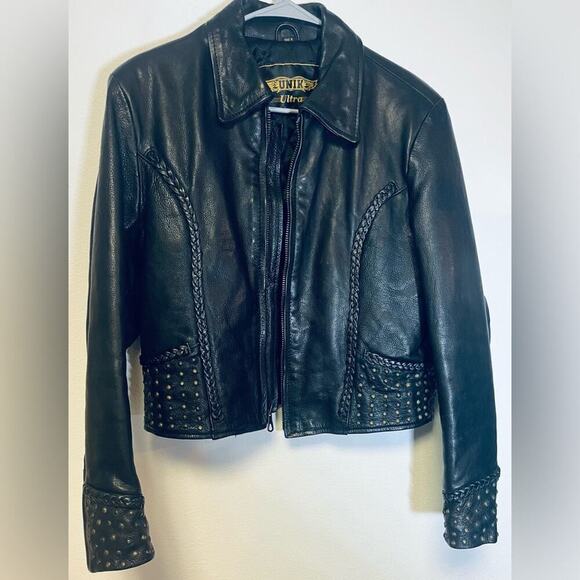 VINTAGE UNIK 100% Genuine Leather Motorcycle Heavy Jacket with Studded Detail - Picture 1 of 10